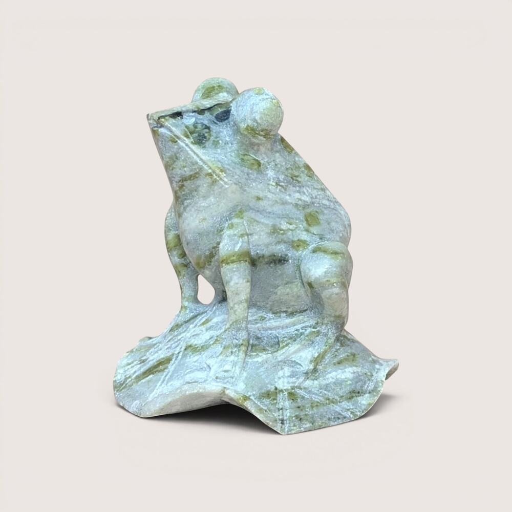 Mid Century Hand Carved Green Stone Frog Sculpture